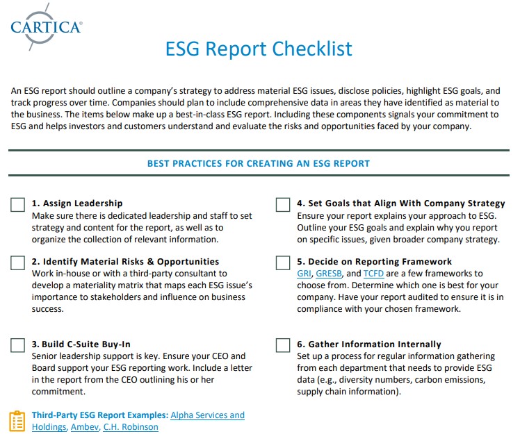 Cartica ESG Checklist snapshot